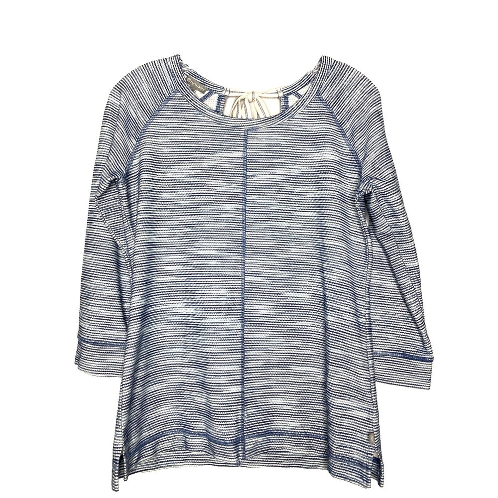 T BY TALBOTS Top Women XS Blue White 3/4 Sleeve Striped Pattern Tie Keyhole Back